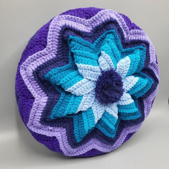Vtg Crochet Round Granny Throw Pillow Navy Blue Purple Yarn Ruffled Handmade - Picture 2 of 11